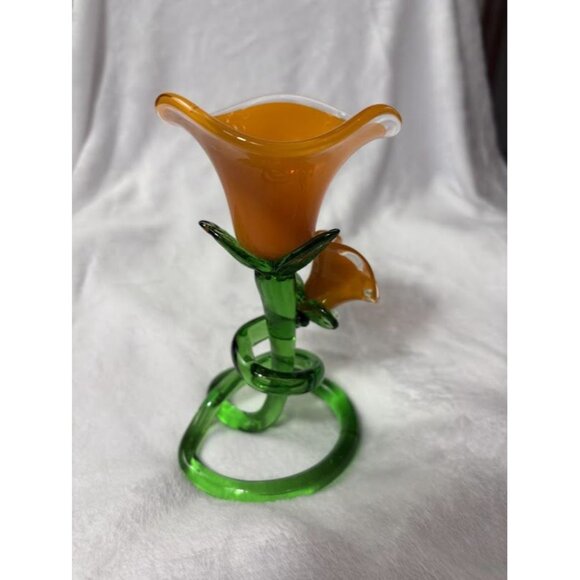 Handcrafted Orange & Green Art Glass Lily Flower Figurine Candle Holder - Picture 5 of 11